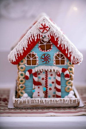 The hand-made eatable gingerbread house and snow decoration.