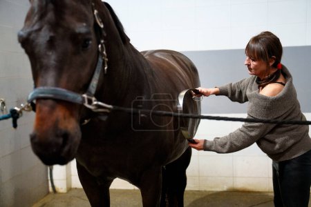 Nahaufnahme einer Frau mit einem Schweißschaber auf einem nassen Pferd