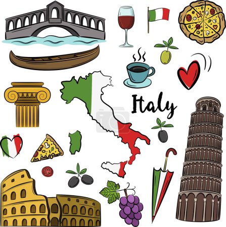 Illustration for Set of hand drawn Italy icons, Rome set in vintage style. Colorful Vector doodle elements, Hand drawn set with pizza, olive, wine, coffee, grape and map - Royalty Free Image