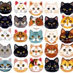 Vector Retro Hand Drawn Japanese Style Wild Cat or Kitten Face Seamless Surface Pattern for Products or Wrapping Paper Prints.