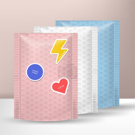 Illustration for Vector Protective Bubble Mailing Postal Bag or Envelop Packaging Mockup with Cartoon Stickers. - Royalty Free Image
