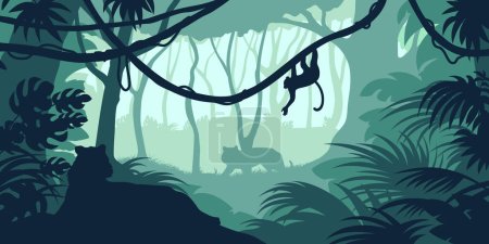 Illustrazione per Paesaggio verde della giungla. Silhouette della foresta pluviale. Panorama forestale con tigri e scimmie. Sfondo tropicale orizzontale. Illustrazione vettoriale - Immagini Royalty Free