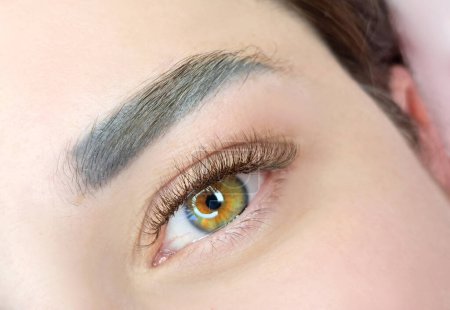 close up of eyelash extensions in beauty salon macro eye.2d,3d ,russian volume, mega ,kim k, classical 