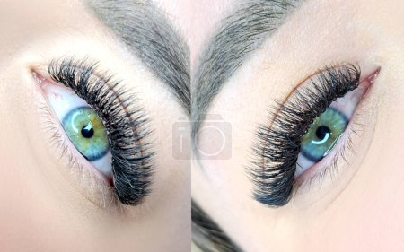  eye with eyelash extensions ,beauty salon treatment .macro.collage