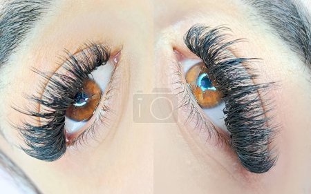  eye with eyelash extensions ,beauty salon treatment .macro.collage