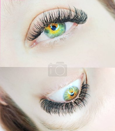 Close up of eye with eyelash extensions ,beauty salon treatment ,collage.