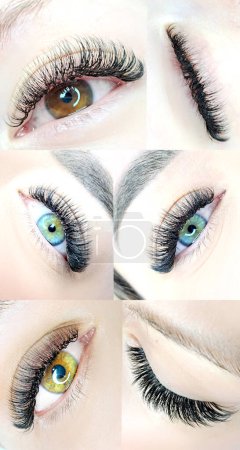 Close up of eye with eyelash extensions ,beauty salon treatment ,collage.