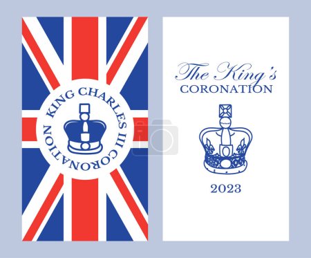 Téléchargez les illustrations : Affiche du couronnement du roi Charles III avec illustration vectorielle du drapeau britannique. Carte de vœux pour célébrer le couronnement du prince Charles de Galles devient roi d'Angleterre. - en licence libre de droit