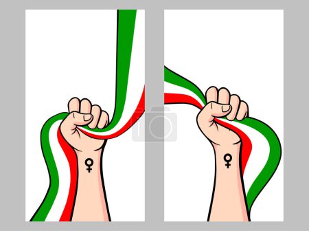 Illustration for Protests in Iran vector poster with copy space. Solidarity with Iranian women. Template for background, banner. Hand illustration with flag. - Royalty Free Image