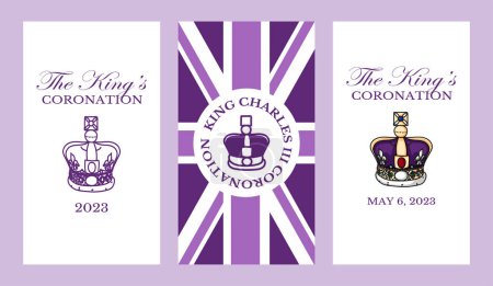 Póster para la coronación del rey Carlos III con ilustración del vector de la bandera británica. Tarjeta de felicitación para celebrar una coronación del Príncipe Carlos de Gales se convierte en Rey de Inglaterra. 