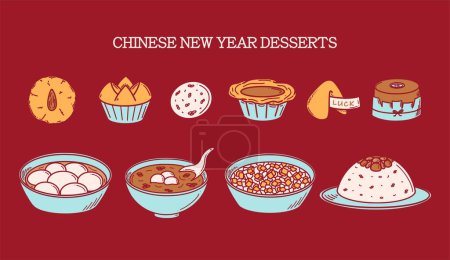 Téléchargez les illustrations : CNY célébration, Nouvel An chinois Desserts illustration vectorielle dans le style doodle. Cuisine traditionnelle asiatique dessin. - en licence libre de droit