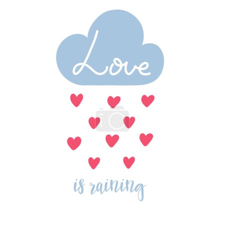 Illustration for Cute Valentines banner, greeting card design with text lettering vector illustration. Its raining love - Royalty Free Image