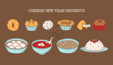 CNY celebration, Chinese New Year Desserts vector illustration in doodle style. Traditional Asian food cuisine drawing.