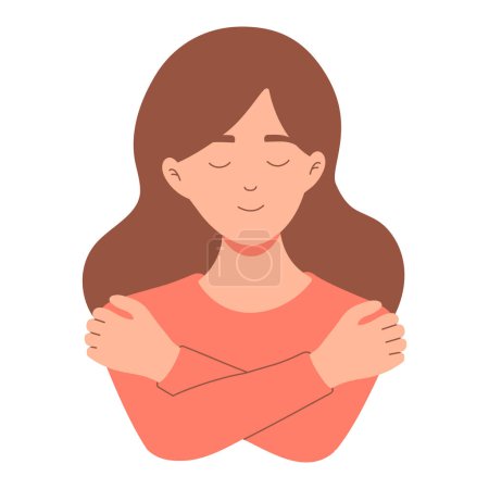 Ilustración de Girl hugging herself. Self care, love yourself concept vector illustration. International Women day card. - Imagen libre de derechos