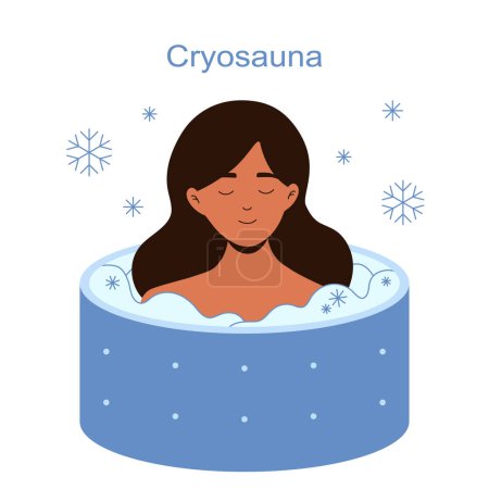 Illustration for Peaceful woman in a cryosauna ice therapy vector illustration for benign and malignant lesions. Whole body cryotherapy. Painless freeze therapy for improved health. - Royalty Free Image
