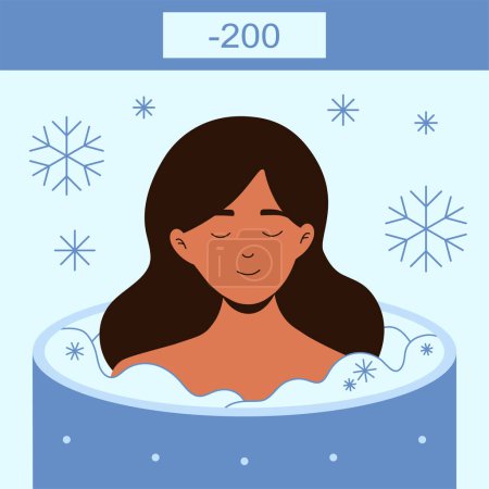 Illustration for Peaceful woman in a cryosauna ice therapy vector illustration for benign and malignant lesions. Whole body cryotherapy. Painless freeze therapy for improved health. - Royalty Free Image