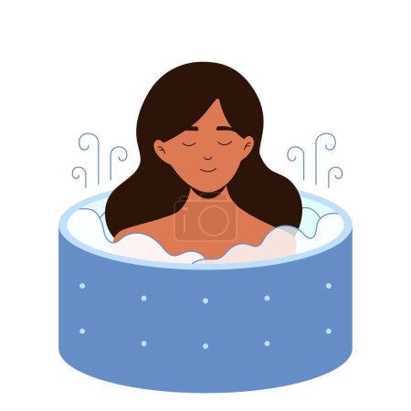 Ilustración de Chica joven personaje femenino es feliz relajarse en el baño de sauna caliente. Mujer está sentada y disfrutando en la sauna. ilustración plana vector de dibujos animados - Imagen libre de derechos