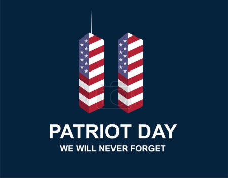 Illustration for Patriot Day September 11, 2001. Vector 9,11 USA banner United States flag, 911 memorial with twin towers and we will ever Forget lettering on blue background - Royalty Free Image