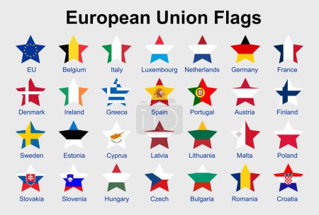 Téléchargez les illustrations : Icônes vectorielles drapeau de l'Union européenne en forme d'étoile. Illustration drapeau UE - en licence libre de droit