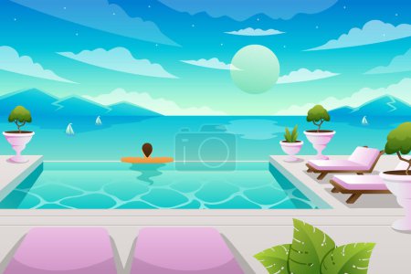 Ilustración de Paisaje de verano con el hombre en la piscina Vector ilustración. - Imagen libre de derechos