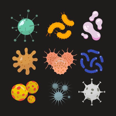 Ilustración de Set de diseño plano colorido de bacterias y gérmenes Ilustración vectorial. - Imagen libre de derechos