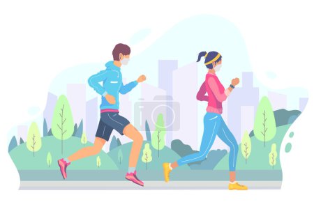 Runners with medical masks outdoors Vector illustration.