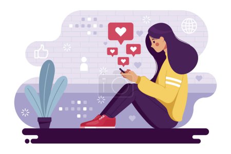 Illustration for Woman addicted to social media Vector illustration. - Royalty Free Image