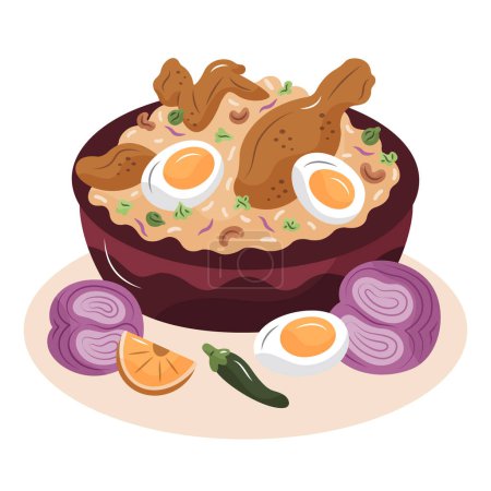 Téléchargez les illustrations : Illustré dessiné à la main délicieux poulet biryani illustration vectoriel. - en licence libre de droit