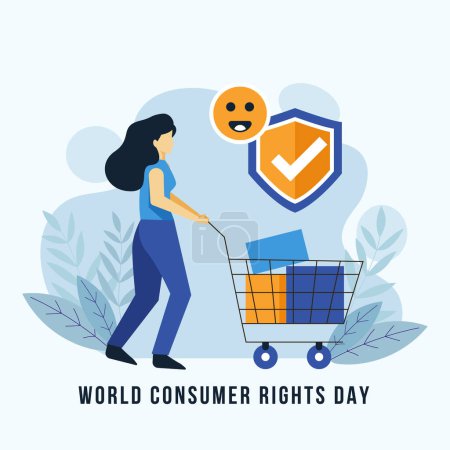 World consumer rights day illustration with woman and shopping cart Vector illustration
