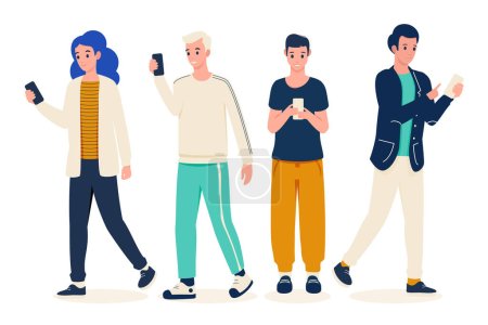 Group of young people using smartphones Vector illustration