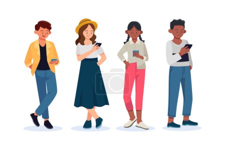 Flat-hand drawn young people using smartphones Vector illustration