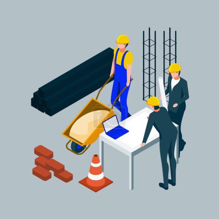 Illustration for Isometric engineers working on construction illustration Vector illustration - Royalty Free Image