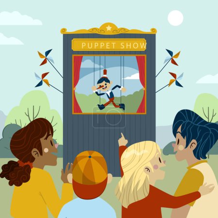 Illustration for Illustrated kids watching a cute puppet show Vector illustration - Royalty Free Image