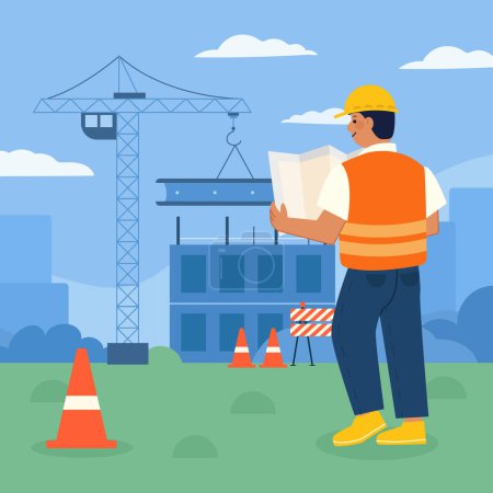 Flat engineers working on construction Vector illustration