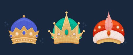 Téléchargez les illustrations : Set couronnes magos plat Reyes Illustration vectorielle - en licence libre de droit