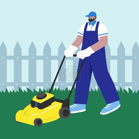 Téléchargez les illustrations : Person lawn mowing outdoors illustration Vector illustration - en licence libre de droit