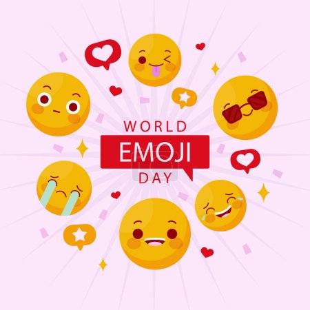 Flache Welt-Emoji-Tag-Illustration mit Emoticons Vektorillustration