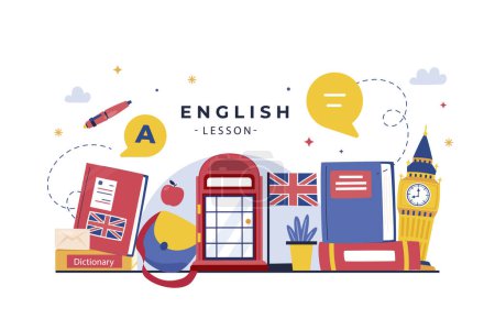 Illustration for English school flat background in abstract style on colorful background. Flat design style vector illustration. Education background. Vector illustration design. Education internet technology. - Royalty Free Image