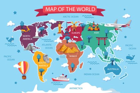 Téléchargez les illustrations : Hand drawn kids map of the world Vector illustration. - en licence libre de droit