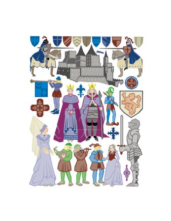 Ilustración de Elementos medievales aislados sobre fondo blanco. Ilustración vectorial en estilo plano - Imagen libre de derechos