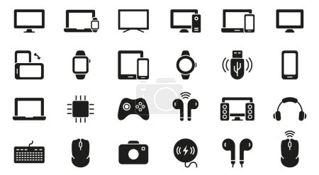 Illustration for PC, Computer, Monitor, Smartphone, Camera, Keyboard, Headphone Silhouette Icon Set. Electronic Wireless Equipment Glyph Pictogram. Portable Devices Symbol. Isolated Vector Illustration. - Royalty Free Image