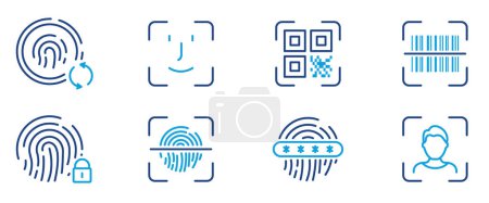 Illustration for Biometric Identification Line Icon. Finger Print Verification Pictogram. Password Protection and Change. QR Code and Bar Code Scanning Outline Symbol. Editable Stroke. Isolated Vector Illustration. - Royalty Free Image