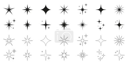 Ilustración de Sparkle Star Silhouette y Line Icon Set. Glow Spark Flash Stars Black Collection. Símbolo de decoración mágica Shine Burst. Luz de efecto reluciente. Bengala reluciente. Ilustración vectorial aislada. - Imagen libre de derechos