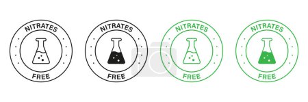 Illustration for Nitrates Free Green and Black Stamp Set. No Nitrate Label. Free Nitrites in Food Ingredient Symbol. Nutrition Certified Control Not Nitrate Sign. Guarantee Non Nitrite. Isolated Vector Illustration. - Royalty Free Image