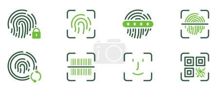 Icon für die biometrische Identifikationslinie. Fingerabdruck-Überprüfungspiktogramm. Passwortschutz und -änderung. QR-Code und Barcode-Farbsymbol scannen. Isolierte Vektorillustration.
