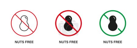 Illustration for Nut Free Silhouette and Line Icon Set. Nuts Product Stop Sign. Peanuts Forbidden Symbol. Food Allergy on Peanut Logo. No Contain Peanut Label. Avoid Nuts in Food. Isolated Vector Illustration. - Royalty Free Image