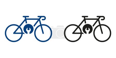 Illustration for Bike with Wrench Repair Concept Silhouette Icon Set. Workshop for Cycle Transport Pictogram. Bicycle Mechanic Repair Solid Symbol Collection on White Background. Isolated Vector Illustration. - Royalty Free Image