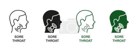 Illustration for Painful Sore Throat Symbol Collection. Sore Throat Line and Silhouette Icon Set. Male Head with Symptoms of Angina, Flu, Cold Pictogram. Isolated Vector illustration. - Royalty Free Image