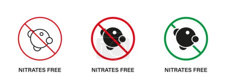 Illustration for Nitrates Free Silhouette and Line Icon Set. Nitrites in Food Ingredient Stop Sign. Nitrate Forbidden Symbol. Nutrition Control Certified Badge. Guarantee Non Nitrite. Isolated Vector Illustration. - Royalty Free Image