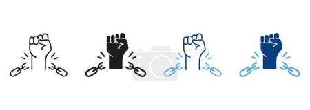 Illustration for Freedom and Human Rights Silhouette and Line Icon Set. Broken Shackles with Fist Raised Up Sign. Chain of Slavery Damaged Symbol. National Freedom Day Juneteenth. Isolated Vector Illustration. - Royalty Free Image